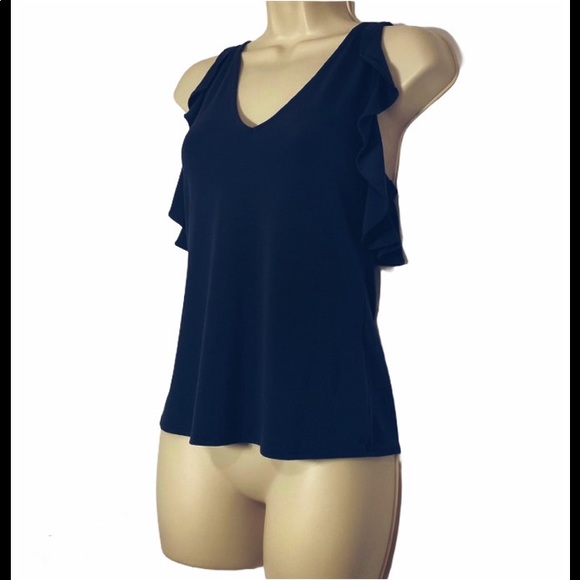 BANANA REPUBLIC NAVY CROSS FRONT NAVY RUFFLE TOP - Picture 3 of 8